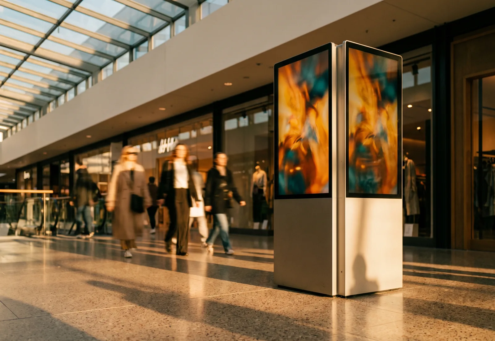 Totem LED autoportant într-o galerie comercială, la lumina după-amiezii