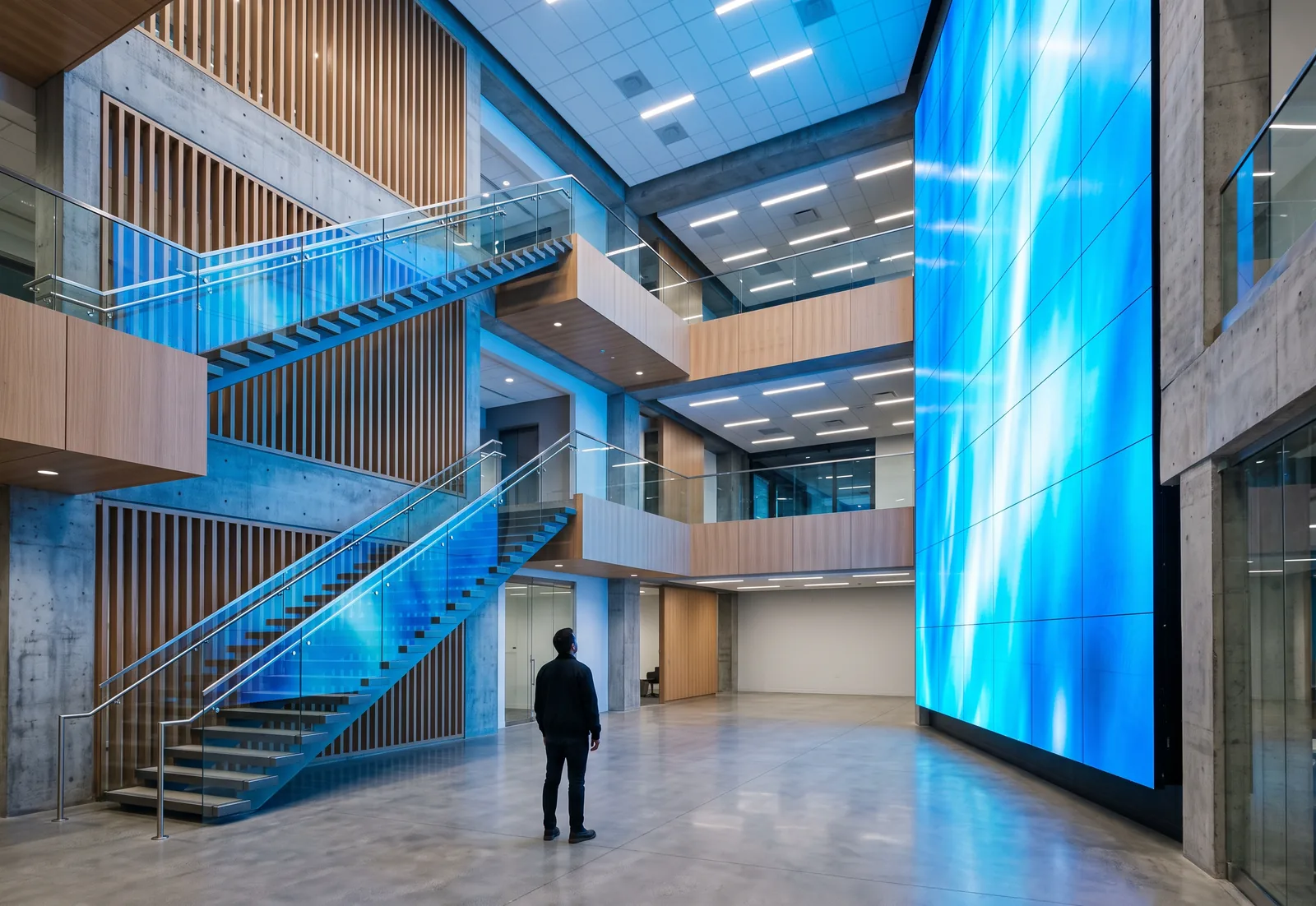 Perete video din module LED într-un atrium corporate