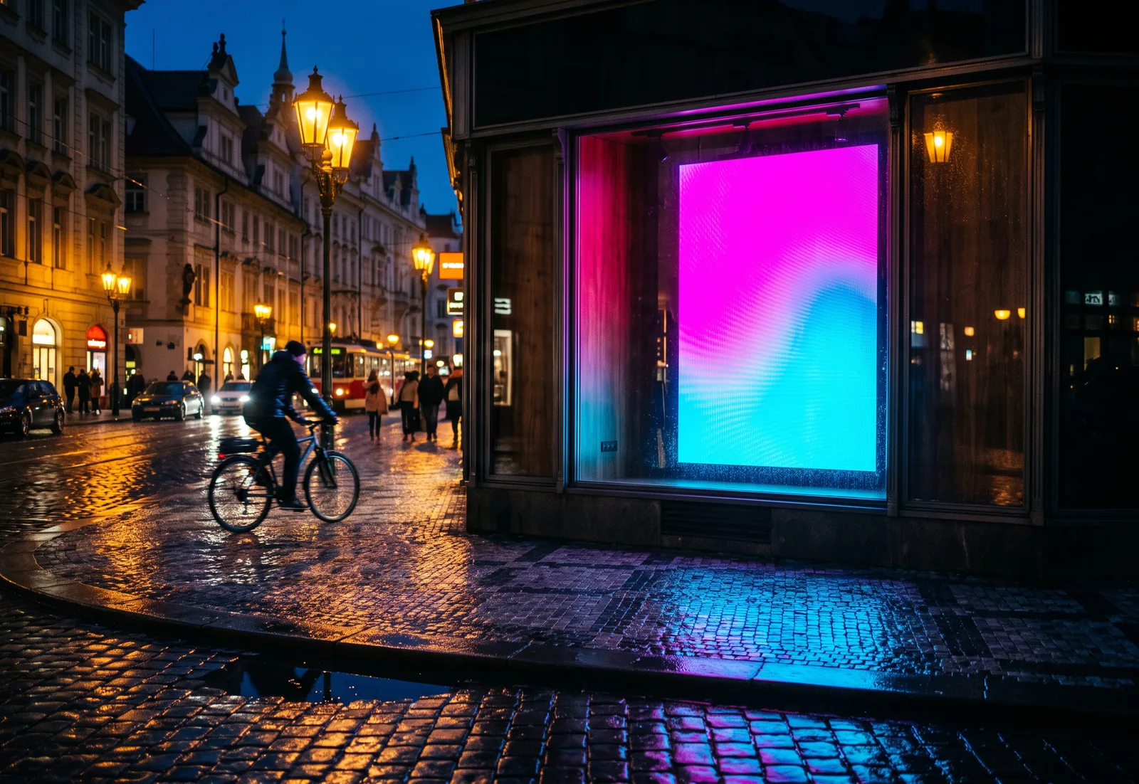 Ecran LED într-o vitrină, văzut de pe stradă după ploaie